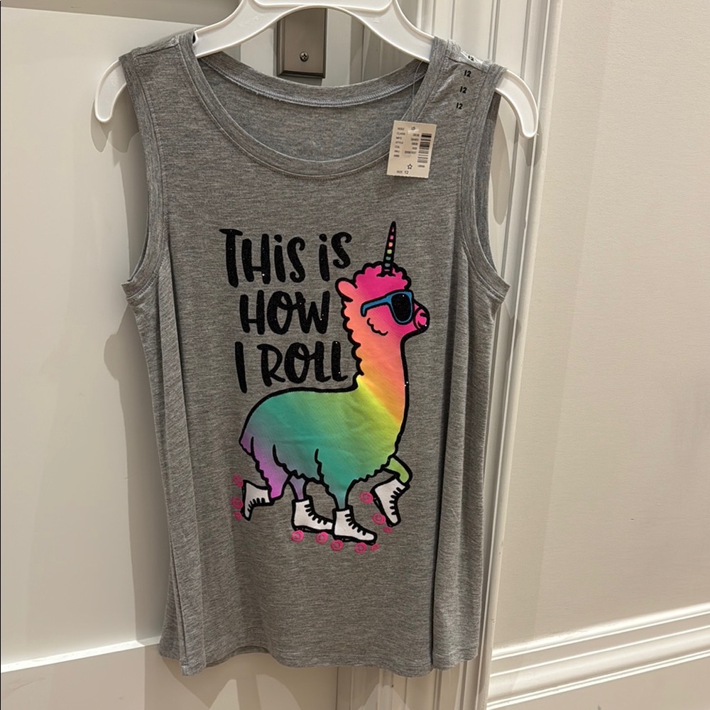 Gray Kids Tank Top with Rainbow Llama Print